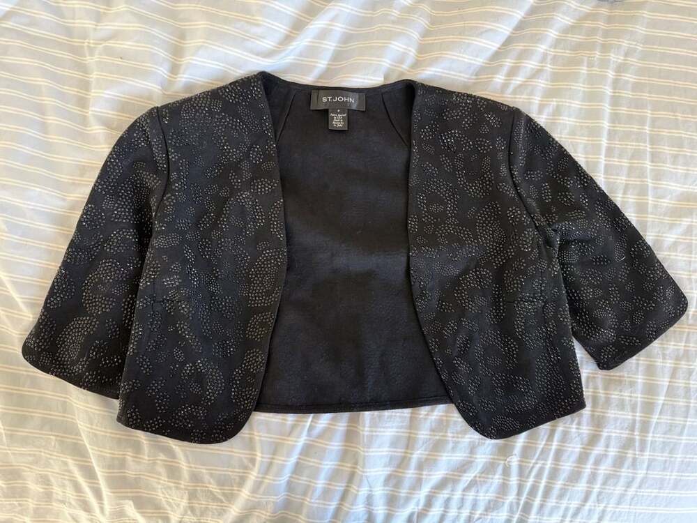 St. John Black Beaded Wool Blend Open-Front Cropped Shrug Jacket